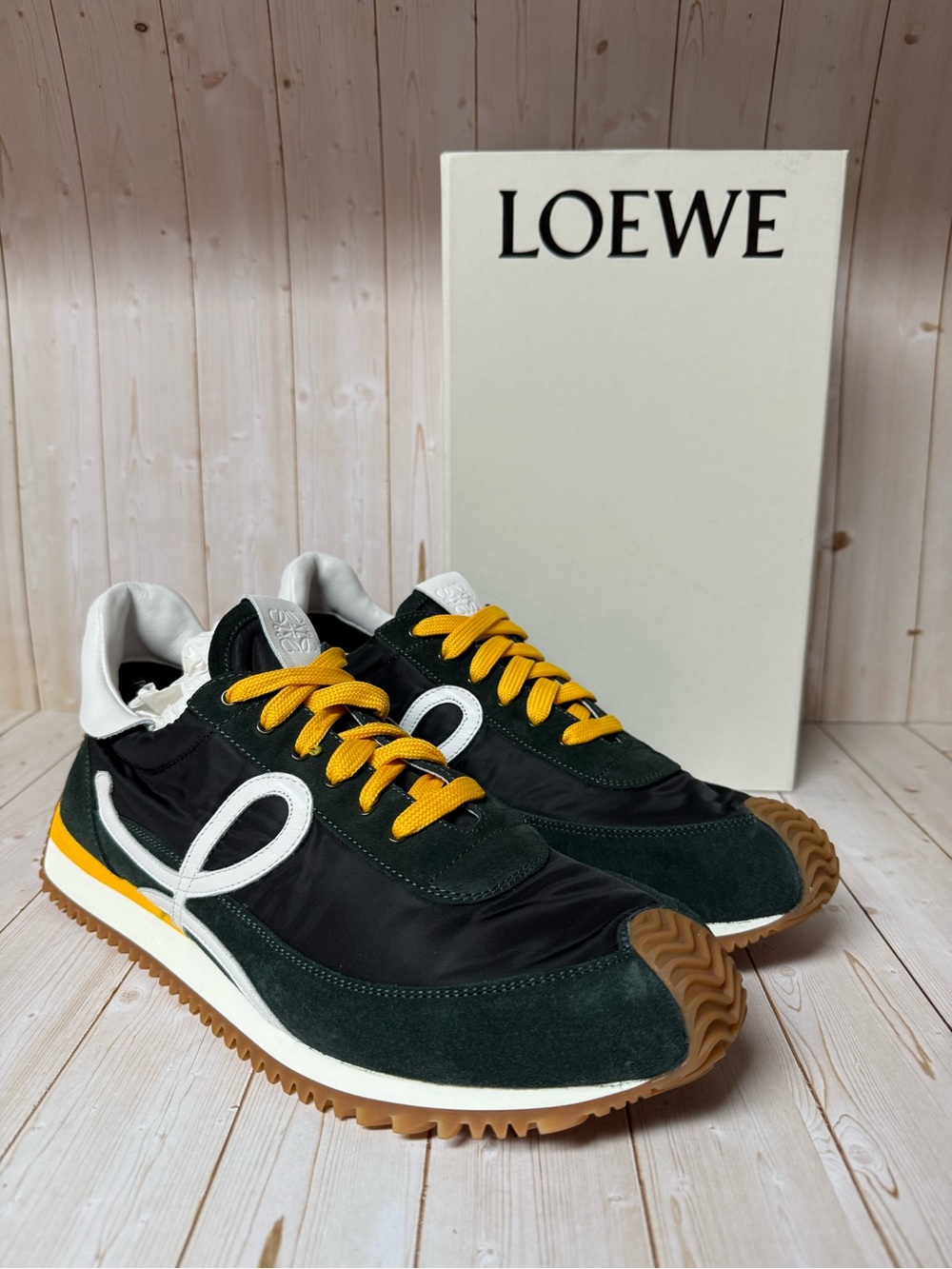 Loewe Flow Runner 2 Suede & Nylon Sneakers Black/White-Khaki Sz 44 / 11